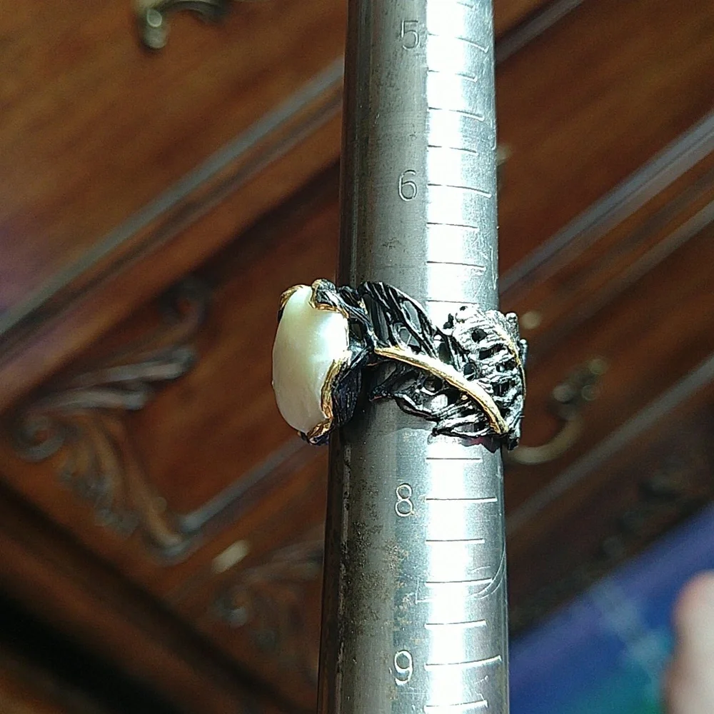 14k gold dipped 925 sterling silver oxidized coin pearl amethyst blue topaz ring - Picture 9 of 13